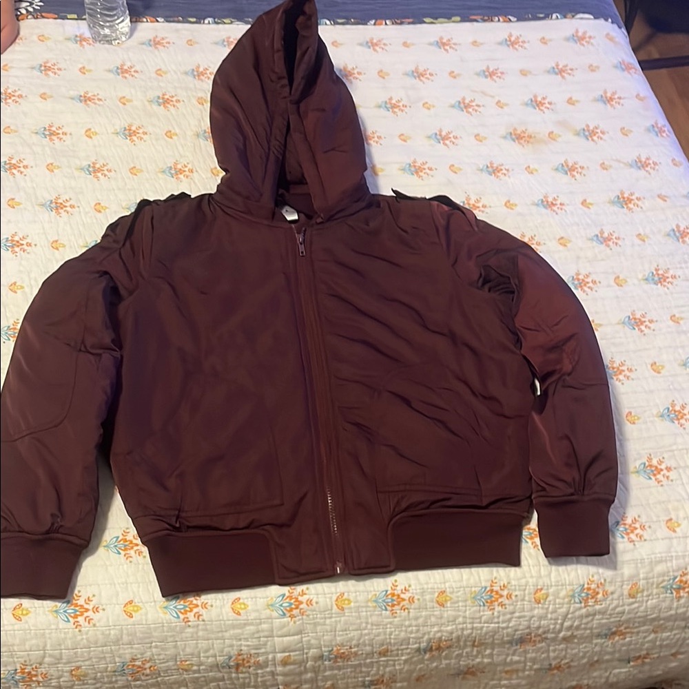 Burgundy Bomber Jacket with Detachable Hood and Ribbed Cuffs
